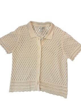 🤎Joie Women’s Neutral Pointelle Knit Collared Short Sleeve Summer Top | XL
